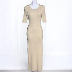 Camila Coelho Beige Ribbed Knit Bodycon Maxi Dress Corded Neckline Sz M Revolve